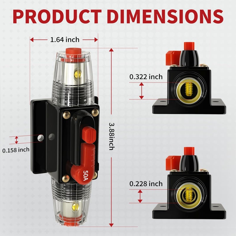 TEMCHY 50Amp Car Audio Circuit Breaker Waterproof Fuse Inline Holder Manual Reset 12V-48V DC for Automotive Marine Boat Trunk Audio Sound Amplifier System 12V-48V - Image 3